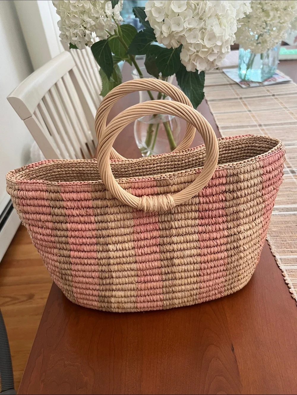 Tommy Bahama Pink and Natural Woven Round-Handle Tote - Picture 2 of 3